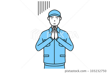 A man in a hat and work clothes apologizing with his hands in front of his body A man in a hat and work clothes apologizing with his hands in front of his body 103232750