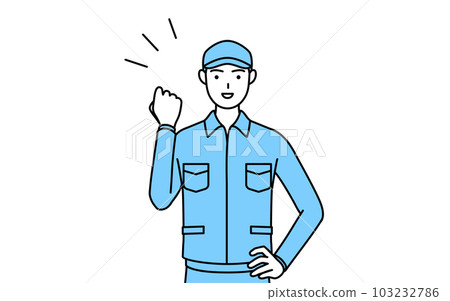 A man in a hat and work clothes doing a guts pose 103232786