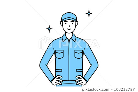 A man in a hat and work clothes with his hands on his hips 103232787