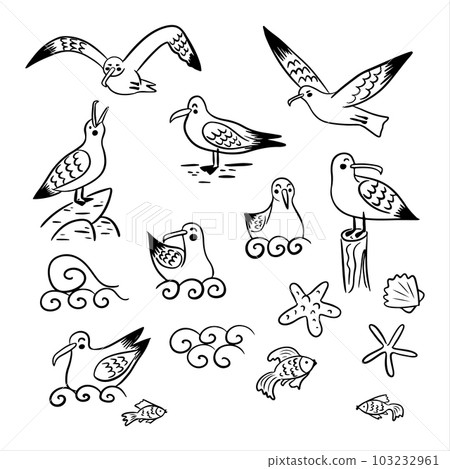 Set of hand drawn sketch seagull and sea elements. Outline birds, waves, seashells and fish isolated on white background. Vector line art Ideal for coloring pages, tatoo, pattern, background, wrapping 103232961