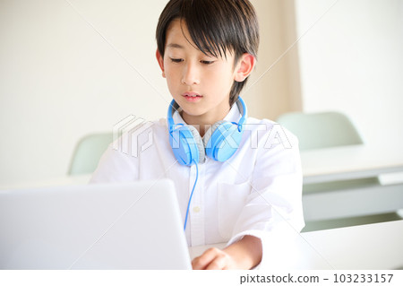 Elementary school boy studying online 103233157