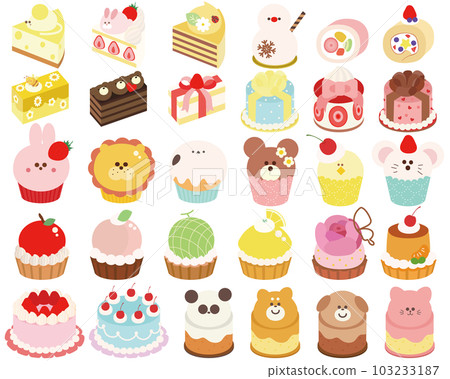Cute cake set with animal characters and fruits 103233187