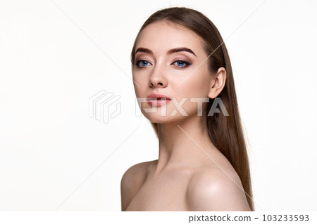 young woman with perfect skin on white background. 103233593