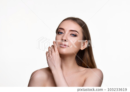 woman touching and enjoy perfect skin on white background woman touching and enjoy perfect skin on white background 103233619