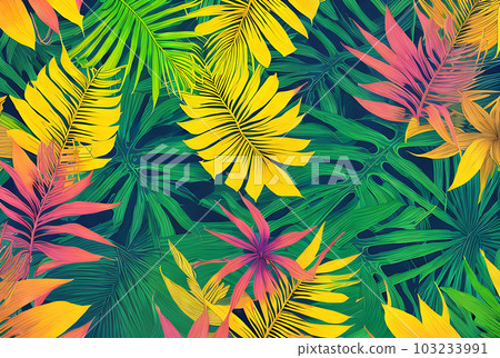 Tropical leaves flowers flat golden ink neon. 103233991