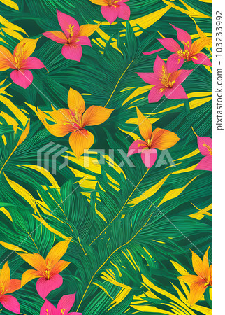 Tropical leaves flowers flat golden ink neon. 103233992