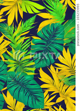 Tropical leaves flowers flat golden ink neon. 103233993