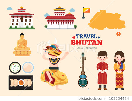 Travel Bhutan flat icons set. Bhutanese element icon map and landmarks symbols and objects collection. Vector Illustration Travel Bhutan flat icons set. Bhutanese element icon map and landmarks symbols and objects collection. Vector Illustration 103234424