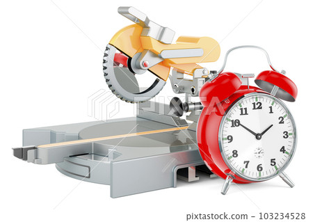 Table circular saw with alarm clock, 3D rendering Table circular saw with alarm clock, 3D rendering 103234528