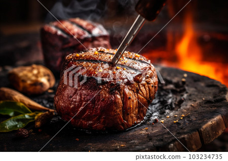 Brazilian barbecue served with picanha steak on charcoal barbecue. AI generated. 103234735