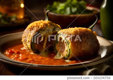 Close-up view of Chiles Rellenos, popular Mexican dish, traditional Mexican stuffed peppers. AI generated 103234750