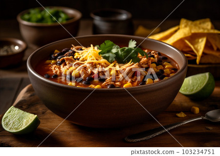 Bowl of chicken tortilla soup featuring tender shredded cheese. AI generated. 103234751