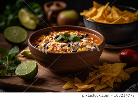 Bowl of chicken tortilla soup featuring tender shredded cheese. AI generated. 103234772