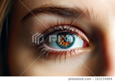 Close up detail of beautiful rainbow female eye pupil. AI generated 103234804