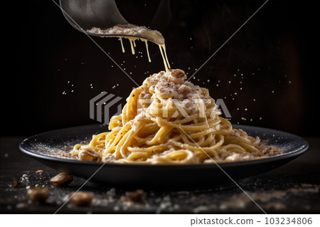 Pasta carbonara with melted cheese. AI generated. 103234806