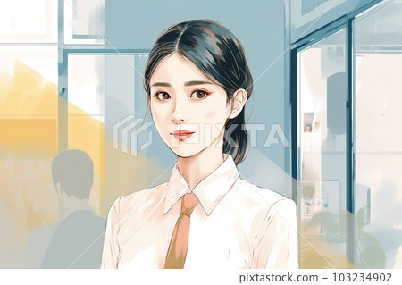 Illustration of a formal-looking woman with a tie on a blouse Illustration of a formal-looking woman with a tie on a blouse 103234902