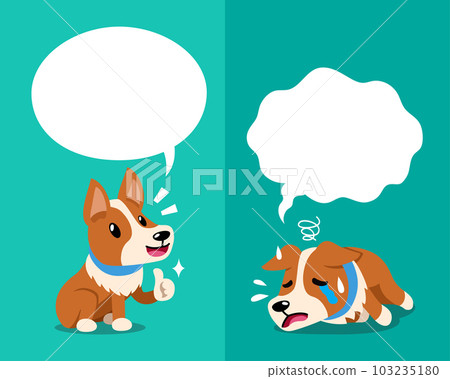 Vector cartoon character corgi dog expressing different emotions with speech bubbles Vector cartoon character corgi dog expressing different emotions with speech bubbles 103235180
