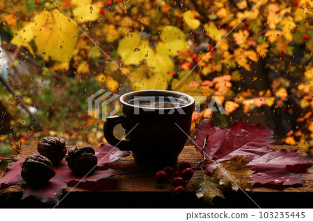Cup of hot coffee and drops on the window Cup of hot coffee and drops on the window 103235445