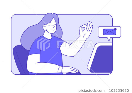 Business Woman Character at Computer Showing Ok Gesture Meeting Online Discuss Strategy Vector Illustration Business Woman Character at Computer Showing Ok Gesture Meeting Online Discuss Strategy Vector Illustration 103235620