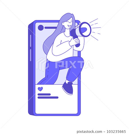 Woman with Megaphone Looking from Smartphone Screen as Social Marketing and Promotion Vector Illustration 103235665