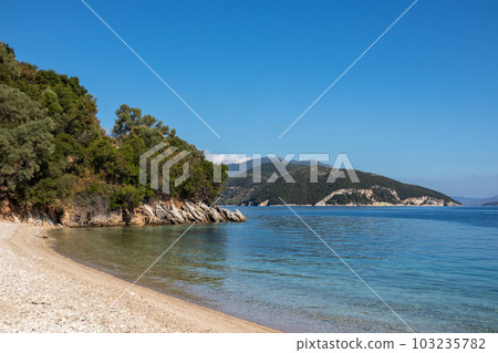 Pebble beach with blue sea, Lefkada island, Greece 103235782