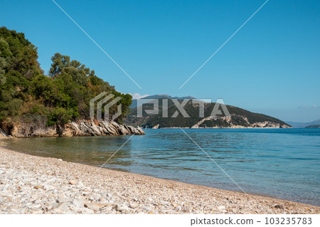 Pebble beach with blue sea, Lefkada island, Greece 103235783