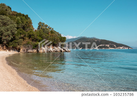 Pebble beach with blue sea, Lefkada island, Greece 103235786