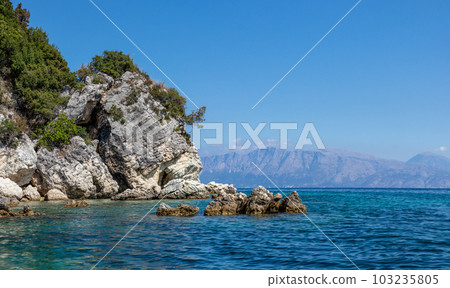 Blue sea and scenic rocks on Lefkada island Greece 103235805