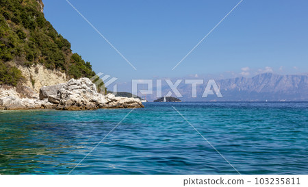Blue sea and scenic cliffs, Lefkada island Greece 103235811