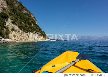 Yellow boat on Ionian sea, Lefkada island, Greece 103235812