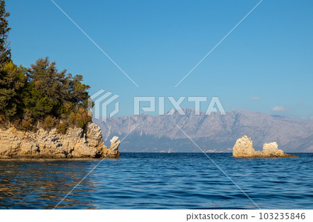 Sunset sea and scenic rocks, Lefkada island Greece 103235846