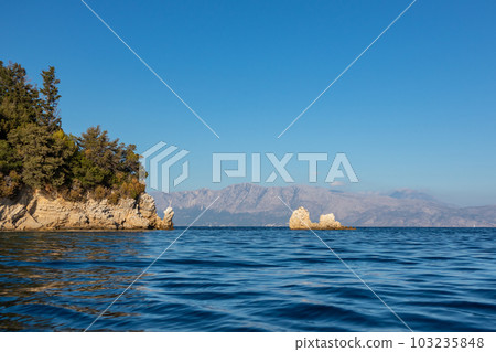 Sunset sea and scenic rocks, Lefkada island Greece 103235848
