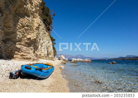 Yellow boat on Ionian sea, Lefkada island, Greece 103235853