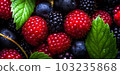 Raspberry and berries close up view , great design for any purposes , generated AI  103235868