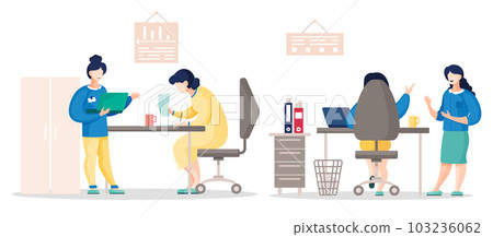 Flat vector illustration of busy people in the office, colleagues communicating during the work Flat vector illustration of busy people in the office, colleagues communicating during the work 103236062