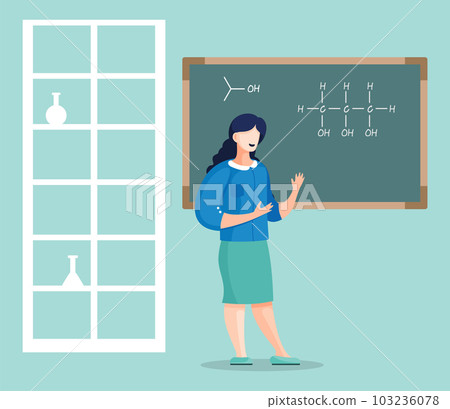 Student pointing at desk with chemical bonds, professor at lecture in university Student pointing at desk with chemical bonds, professor at lecture in university 103236078