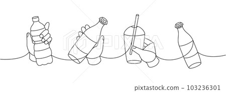 Hands with plastic bottles one line continuous drawing. Plastic bottles and glass beaker continuous one line illustration. Vector linear illustration. 103236301