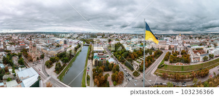Flag of Ukraine, panorama Kharkiv city aerial Flag of Ukraine, panorama Kharkiv city aerial 103236366