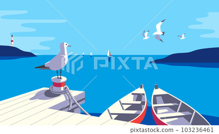 Seascape with boats, seagull on pier illustration Seascape with boats, seagull on pier illustration 103236461