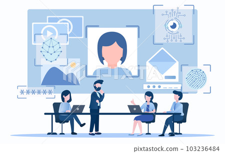 Security and privacy of sensitive personal information concept. Business people discussing ways to protect online personal data, strong password, face ID, iris scan, and fingerprint scan. Security and privacy of sensitive personal information concept. Business people discussing ways to protect online personal data, strong password, face ID, iris scan, and fingerprint scan. 103236484