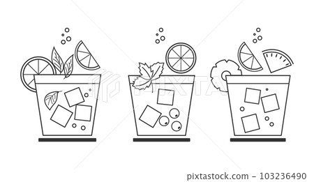 Set of line drawings of refreshing cocktails with ice cubes, straws and umbrellas on a white background. Drink icons, cafe menu, vector 103236490