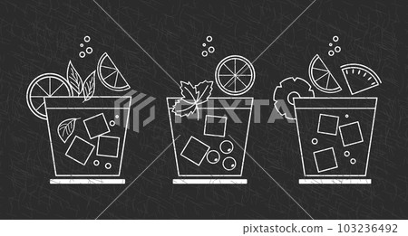 Set of white grunge drawings of refreshing cocktails with ice cubes, straws and umbrellas on a dark background. Drink icons, cafe menu, vector Set of white grunge drawings of refreshing cocktails with ice cubes, straws and umbrellas on a dark background. Drink icons, cafe menu, vector 103236492