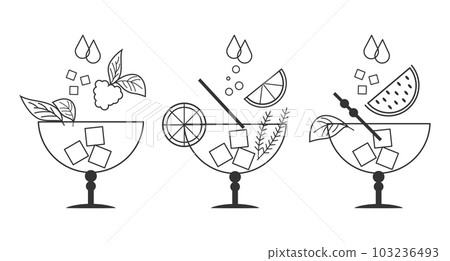 Set of line drawings of refreshing cocktails with ice cubes, straws and umbrellas on a white background. Drink icons, cafe menu, vector Set of line drawings of refreshing cocktails with ice cubes, straws and umbrellas on a white background. Drink icons, cafe menu, vector 103236493