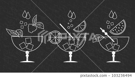 Set of white grunge drawings of refreshing cocktails with ice cubes, straws and umbrellas on a dark background. Drink icons, cafe menu, vector Set of white grunge drawings of refreshing cocktails with ice cubes, straws and umbrellas on a dark background. Drink icons, cafe menu, vector 103236494
