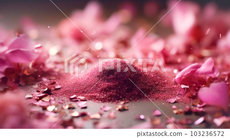 Makeup cosmetics, dry loose face shadows or blush, pink glitter background. Beauty concept, decorative professional products Makeup cosmetics, dry loose face shadows or blush, pink glitter background. Beauty concept, decorative professional products 103236572