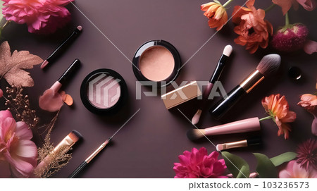 Professional makeup cosmetics pastel color palette, flat lay with flowers. Beauty concept, decorative professional products 103236573