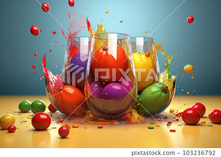 Glass of juice with fruits and berries on the table. Drink splash of sweet organic cocktail. Generated AI. Glass of juice with fruits and berries on the table. Drink splash of sweet organic cocktail. Generated AI. 103236792