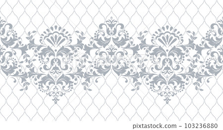 Wallpaper in the style of Baroque. Seamless vector background. White and gray floral ornament. Graphic pattern for fabric, wallpaper, packaging. Ornate Damask flower ornament. Wallpaper in the style of Baroque. Seamless vector background. White and gray floral ornament. Graphic pattern for fabric, wallpaper, packaging. Ornate Damask flower ornament. 103236880