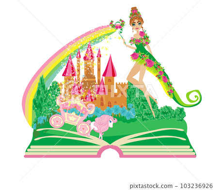 Illustration of a fairy and enchanted carriage appearing from the book Illustration of a fairy and enchanted carriage appearing from the book 103236926