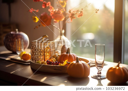 Seasonal table setting with pumpkins and flowers-插圖素材 [103236972] - PIXTA圖庫